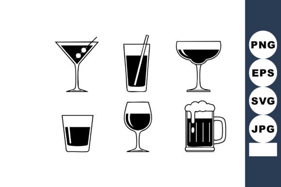 Six Classic Cocktail and Drink Glass Ico